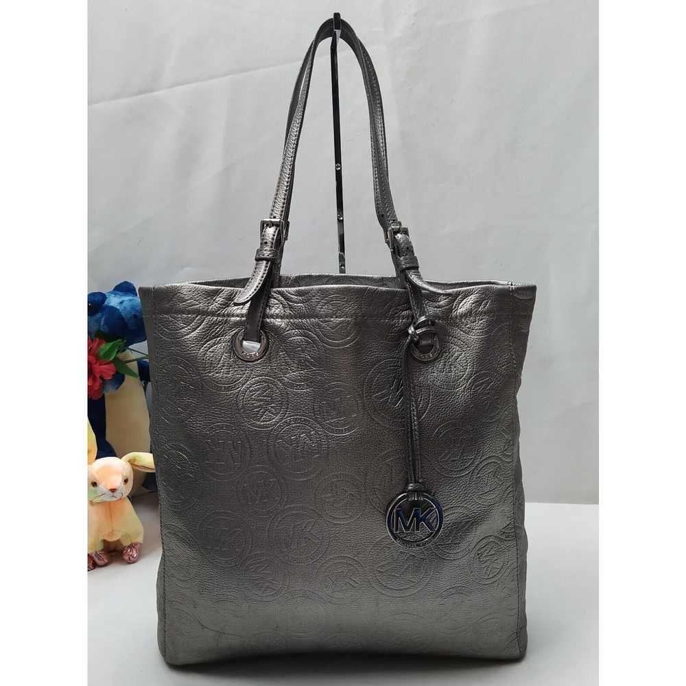 Michael Kors Jet Set Metallic Gray Leather Double Handles Tote Shoulder Bag